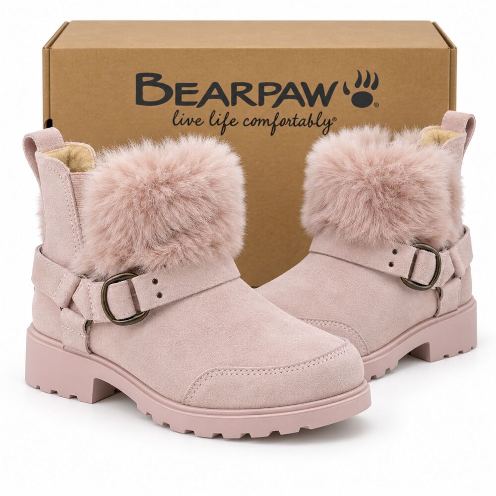 Bearpaw Libby Women’s 7 Pink Suede Faux Fur NeverWet Ankle Boots NWT